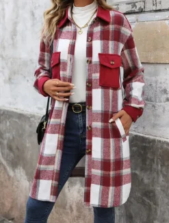 Sale Women's Winter Jacket Coat Outdoor Street Daily Wear Fall Winter Long Coat Regular Fit Thermal Warm Breathable Stylish Casual Jacket Long Sleeve Stripes and Plaid with Pockets Print Wine Coffee Gray Women Coats & Trench Coats