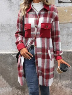 Sale Women's Winter Jacket Coat Outdoor Street Daily Wear Fall Winter Long Coat Regular Fit Thermal Warm Breathable Stylish Casual Jacket Long Sleeve Stripes and Plaid with Pockets Print Wine Coffee Gray Women Coats & Trench Coats