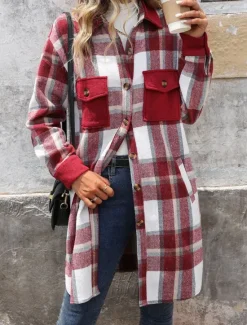 Sale Women's Winter Jacket Coat Outdoor Street Daily Wear Fall Winter Long Coat Regular Fit Thermal Warm Breathable Stylish Casual Jacket Long Sleeve Stripes and Plaid with Pockets Print Wine Coffee Gray Women Coats & Trench Coats
