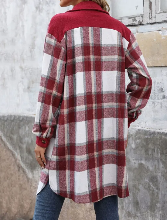 Sale Women's Winter Jacket Coat Outdoor Street Daily Wear Fall Winter Long Coat Regular Fit Thermal Warm Breathable Stylish Casual Jacket Long Sleeve Stripes and Plaid with Pockets Print Wine Coffee Gray Women Coats & Trench Coats