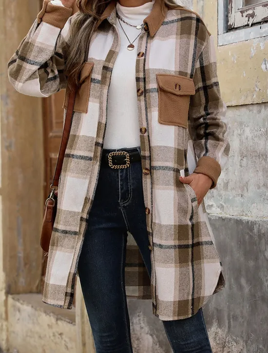 Sale Women's Winter Jacket Coat Outdoor Street Daily Wear Fall Winter Long Coat Regular Fit Thermal Warm Breathable Stylish Casual Jacket Long Sleeve Stripes and Plaid with Pockets Print Wine Coffee Gray Women Coats & Trench Coats