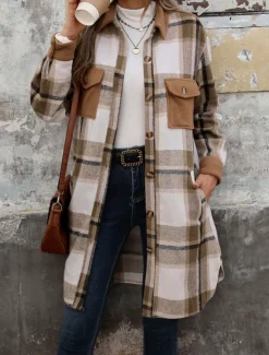 Sale Women's Winter Jacket Coat Outdoor Street Daily Wear Fall Winter Long Coat Regular Fit Thermal Warm Breathable Stylish Casual Jacket Long Sleeve Stripes and Plaid with Pockets Print Wine Coffee Gray Women Coats & Trench Coats