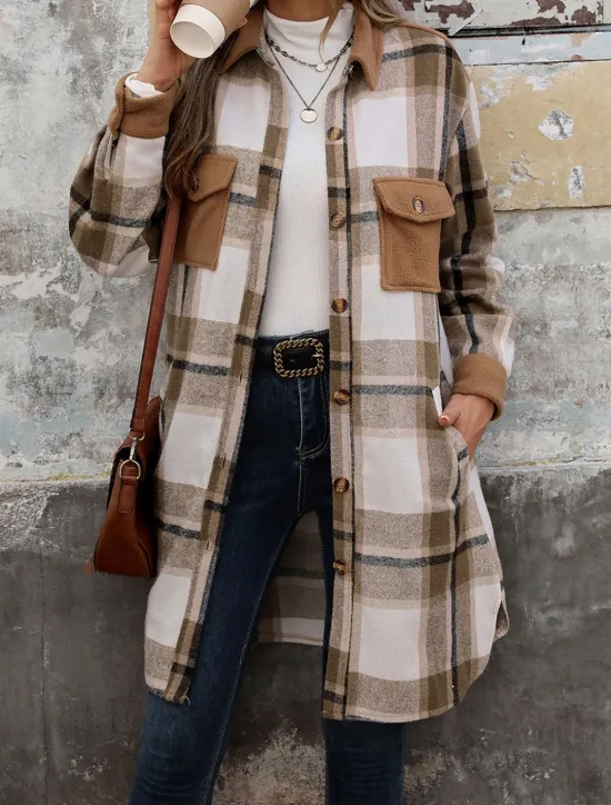 Sale Women's Winter Jacket Coat Outdoor Street Daily Wear Fall Winter Long Coat Regular Fit Thermal Warm Breathable Stylish Casual Jacket Long Sleeve Stripes and Plaid with Pockets Print Wine Coffee Gray Women Coats & Trench Coats