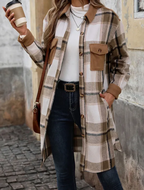 Sale Women's Winter Jacket Coat Outdoor Street Daily Wear Fall Winter Long Coat Regular Fit Thermal Warm Breathable Stylish Casual Jacket Long Sleeve Stripes and Plaid with Pockets Print Wine Coffee Gray Women Coats & Trench Coats