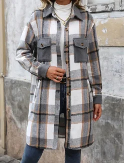 Sale Women's Winter Jacket Coat Outdoor Street Daily Wear Fall Winter Long Coat Regular Fit Thermal Warm Breathable Stylish Casual Jacket Long Sleeve Stripes and Plaid with Pockets Print Wine Coffee Gray Women Coats & Trench Coats