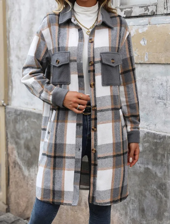 Sale Women's Winter Jacket Coat Outdoor Street Daily Wear Fall Winter Long Coat Regular Fit Thermal Warm Breathable Stylish Casual Jacket Long Sleeve Stripes and Plaid with Pockets Print Wine Coffee Gray Women Coats & Trench Coats