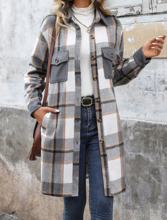 Sale Women's Winter Jacket Coat Outdoor Street Daily Wear Fall Winter Long Coat Regular Fit Thermal Warm Breathable Stylish Casual Jacket Long Sleeve Stripes and Plaid with Pockets Print Wine Coffee Gray Women Coats & Trench Coats