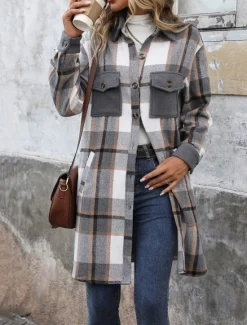 Sale Women's Winter Jacket Coat Outdoor Street Daily Wear Fall Winter Long Coat Regular Fit Thermal Warm Breathable Stylish Casual Jacket Long Sleeve Stripes and Plaid with Pockets Print Wine Coffee Gray Women Coats & Trench Coats