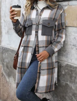 Sale Women's Winter Jacket Coat Outdoor Street Daily Wear Fall Winter Long Coat Regular Fit Thermal Warm Breathable Stylish Casual Jacket Long Sleeve Stripes and Plaid with Pockets Print Wine Coffee Gray Women Coats & Trench Coats