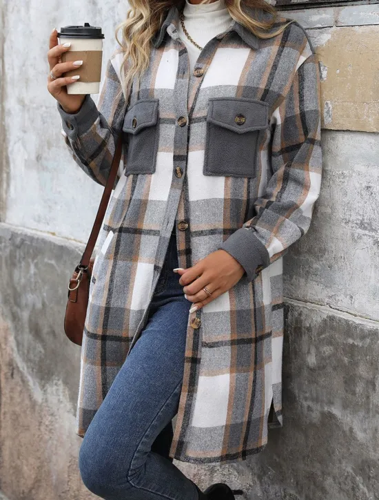 Sale Women's Winter Jacket Coat Outdoor Street Daily Wear Fall Winter Long Coat Regular Fit Thermal Warm Breathable Stylish Casual Jacket Long Sleeve Stripes and Plaid with Pockets Print Wine Coffee Gray Women Coats & Trench Coats