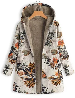 Discount Women's Winter Jacket Fleece Jacket Sherpa Jacket Teddy Coat Daily Going out Fall Winter Regular Coat V Neck Loose Fit Warm Retro Casual Jacket Long Sleeve Trees / Leaves Pocket White Pattern Pink Women Fleece-Lined Jackets