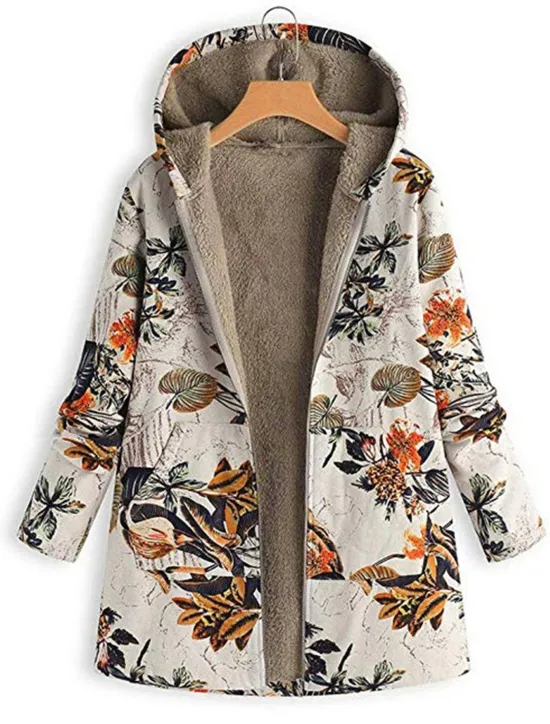 Discount Women's Winter Jacket Fleece Jacket Sherpa Jacket Teddy Coat Daily Going out Fall Winter Regular Coat V Neck Loose Fit Warm Retro Casual Jacket Long Sleeve Trees / Leaves Pocket White Pattern Pink Women Fleece-Lined Jackets