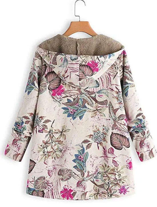 Discount Women's Winter Jacket Fleece Jacket Sherpa Jacket Teddy Coat Daily Going out Fall Winter Regular Coat V Neck Loose Fit Warm Retro Casual Jacket Long Sleeve Trees / Leaves Pocket White Pattern Pink Women Fleece-Lined Jackets
