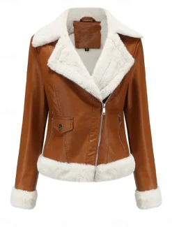 Hot Women's Winter Jacket Fleece Jacket Warm Breathable Zipper Pocket Fleece Lined Casual Plain Vacation Street Daily Wear Going out Zipper Short Turndown Regular Fit Long Sleeve Outerwear Black Royal Women Puffers & Parka