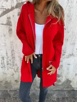 Outlet Women's Winter Jacket Hoodie Jacket Outdoor Street Daily Wear Fall Winter Long Coat Regular Fit Thermal Warm Breathable Stylish Casual Jacket Long Sleeve Solid Color with Pockets Full Zip Red Fuchsia Women Jackets