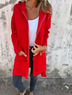 Outlet Women's Winter Jacket Hoodie Jacket Outdoor Street Daily Wear Fall Winter Long Coat Regular Fit Thermal Warm Breathable Stylish Casual Jacket Long Sleeve Solid Color with Pockets Full Zip Red Fuchsia Women Jackets