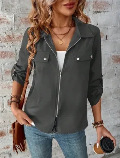 Sale Women's Winter Jacket Outdoor Street Daily Wear Fall Winter Short Coat Regular Fit Thermal Warm Breathable Stylish Casual Jacket Long Sleeve Plain with Pockets Full Zip Wine Blue Gray Women Jackets