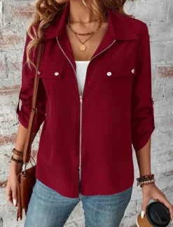 Sale Women's Winter Jacket Outdoor Street Daily Wear Fall Winter Short Coat Regular Fit Thermal Warm Breathable Stylish Casual Jacket Long Sleeve Plain with Pockets Full Zip Wine Blue Gray Women Jackets