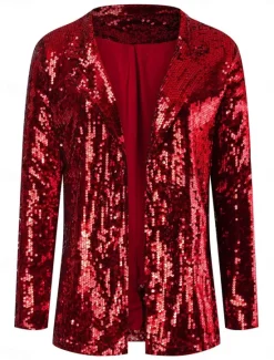 New Women's Winter Jacket Party Outdoor Street Fall Winter Regular Coat Regular Fit Thermal Warm Breathable Stylish Casual Jacket Long Sleeve Plain Sequins Red Gold Women Jackets