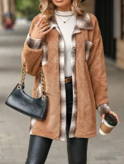 Sale Women's Winter Jacket Sherpa Jacket Teddy Coat Outdoor Street Daily Wear Fall Winter Regular Coat Regular Fit Thermal Warm Breathable Stylish Casual Jacket Long Sleeve Stripes and Plaid with Pockets Women Jackets