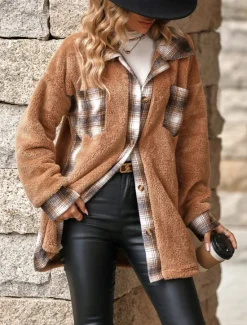 Sale Women's Winter Jacket Sherpa Jacket Teddy Coat Outdoor Street Daily Wear Fall Winter Regular Coat Regular Fit Thermal Warm Breathable Stylish Casual Jacket Long Sleeve Stripes and Plaid with Pockets Women Jackets