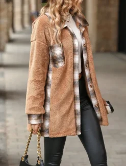 Sale Women's Winter Jacket Sherpa Jacket Teddy Coat Outdoor Street Daily Wear Fall Winter Regular Coat Regular Fit Thermal Warm Breathable Stylish Casual Jacket Long Sleeve Stripes and Plaid with Pockets Women Jackets