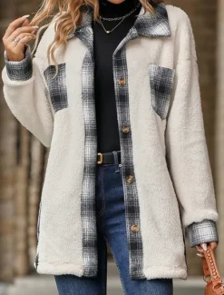 Sale Women's Winter Jacket Sherpa Jacket Teddy Coat Outdoor Street Daily Wear Fall Winter Regular Coat Regular Fit Thermal Warm Breathable Stylish Casual Jacket Long Sleeve Stripes and Plaid with Pockets Women Jackets