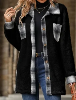 Sale Women's Winter Jacket Sherpa Jacket Teddy Coat Outdoor Street Daily Wear Fall Winter Regular Coat Regular Fit Thermal Warm Breathable Stylish Casual Jacket Long Sleeve Stripes and Plaid with Pockets Women Jackets