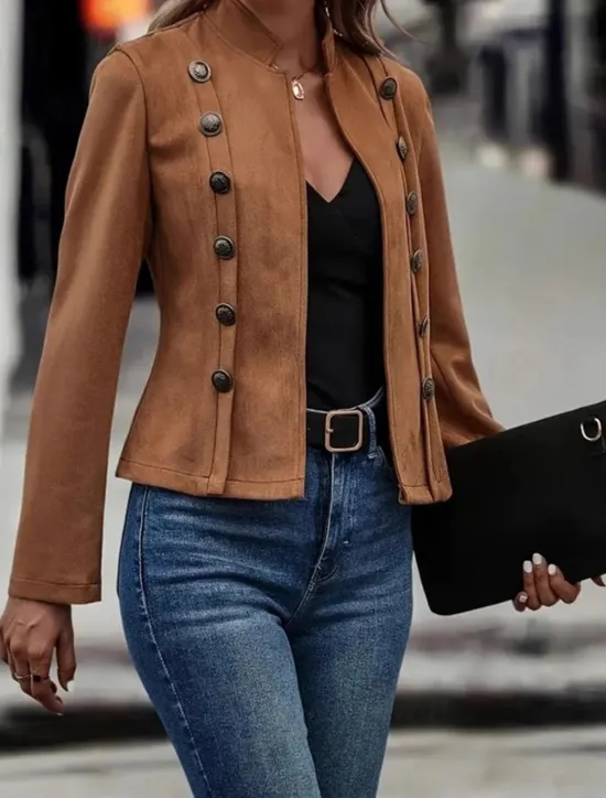 Hot Women's Winter Jacket Warm Patchwork Buttons Elegant Vintage Fashion OL Style Plain School Outdoor Vacation Home Double Breasted Short Stand Collar Regular Fit Long Sleeve Outerwear Dark Khaki Light Women Jackets