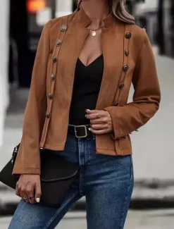 Hot Women's Winter Jacket Warm Patchwork Buttons Elegant Vintage Fashion OL Style Plain School Outdoor Vacation Home Double Breasted Short Stand Collar Regular Fit Long Sleeve Outerwear Dark Khaki Light Women Jackets