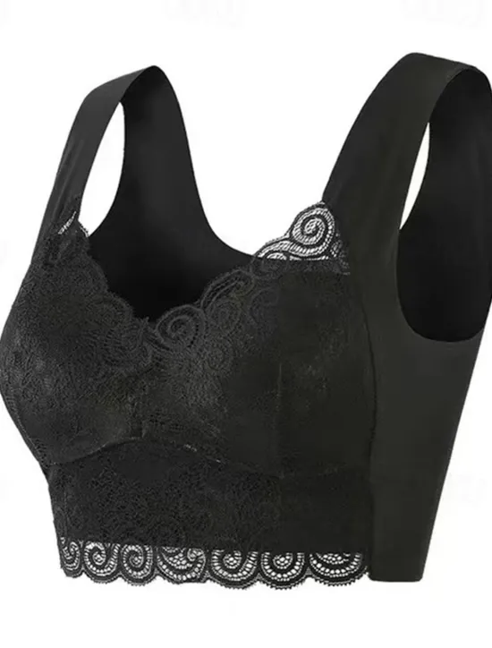 Discount Women's Wireless Bras Padded Bras Full Coverage V Neck Breathable Push Up Lace Pure Color Pull-On Closure Date Casual Daily Nylon Sexy 1PC Black Blue / Bras & Bralettes / 1 PC Home Outfits Women Lingerie