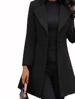 Best Women's Wool Blend Coat Winter Singel Breasted Lapel Long Pea Coat Fall Over Coat Formal Office Windproof Warm Simple Elegant & Luxurious Basic Jacket Long Sleeve Black Women Coats & Trench Coats