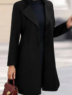 Best Women's Wool Blend Coat Winter Singel Breasted Lapel Long Pea Coat Fall Over Coat Formal Office Windproof Warm Simple Elegant & Luxurious Basic Jacket Long Sleeve Black Women Coats & Trench Coats