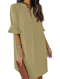 Hot Women's Work Dress A Line Dress Tunic Dress Fashion Office Workfashion Mini Dress Ruffle V Neck Half Sleeve Plain Loose Fit Blue Rose Beige Summer Spring S M L XL 2XL Women Work Dresses