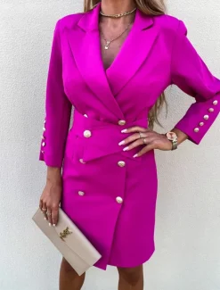 Outlet Women's Work Dress Blazer Dress Sheath Dress Fashion Office Daily Mini Dress Double Breasted Shirt Collar Long Sleeve Plain Loose Fit Black White Green Fall Winter S M L XL Women Work Dresses
