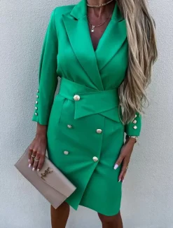 Outlet Women's Work Dress Blazer Dress Sheath Dress Fashion Office Daily Mini Dress Double Breasted Shirt Collar Long Sleeve Plain Loose Fit Black White Green Fall Winter S M L XL Women Work Dresses