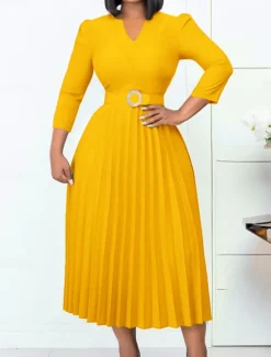 Clearance Women's Work Dress Casual Dress A Line Dress Fashion Daily Midi Dress Ruched Patchwork V Neck Long Sleeve Plain Regular Fit Yellow Red Blue Fall Winter S M L XL XXL Women Work Dresses