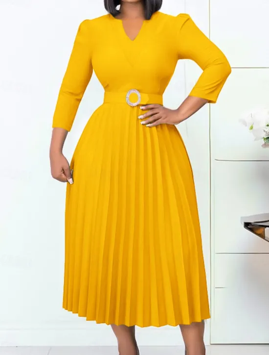 Clearance Women's Work Dress Casual Dress A Line Dress Fashion Daily Midi Dress Ruched Patchwork V Neck Long Sleeve Plain Regular Fit Yellow Red Blue Fall Winter S M L XL XXL Women Work Dresses