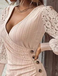 Best Women's Work Dress Lace Dress Sheath Dress Elegant Daily Midi Dress Buttons V Neck Long Sleeve Plain Regular Fit Black Red Khaki Fall Winter S M L XL 2XL Women Work Dresses