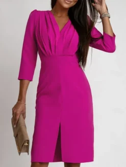 Online Women's Work Dress Sheath Dress Elegant Office Daily Midi Dress Ruched Split V Neck Long Sleeve Plain Regular Fit Black White Khaki Fall S M L XL 2XL Women Work Dresses