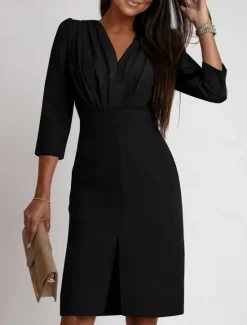 Online Women's Work Dress Sheath Dress Elegant Office Daily Midi Dress Ruched Split V Neck Long Sleeve Plain Regular Fit Black White Khaki Fall S M L XL 2XL Women Work Dresses