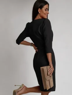 Online Women's Work Dress Sheath Dress Elegant Office Daily Midi Dress Ruched Split V Neck Long Sleeve Plain Regular Fit Black White Khaki Fall S M L XL 2XL Women Work Dresses