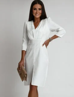 Online Women's Work Dress Sheath Dress Elegant Office Daily Midi Dress Ruched Split V Neck Long Sleeve Plain Regular Fit Black White Khaki Fall S M L XL 2XL Women Work Dresses