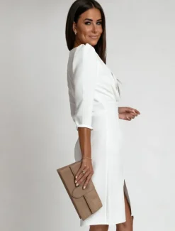 Online Women's Work Dress Sheath Dress Elegant Office Daily Midi Dress Ruched Split V Neck Long Sleeve Plain Regular Fit Black White Khaki Fall S M L XL 2XL Women Work Dresses