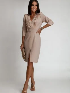 Online Women's Work Dress Sheath Dress Elegant Office Daily Midi Dress Ruched Split V Neck Long Sleeve Plain Regular Fit Black White Khaki Fall S M L XL 2XL Women Work Dresses