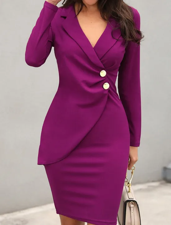 Women's Work Dress Sheath Dress Semi Formal Dress Fashion Office Daily Workfashion Midi Dress Button Lapel Long Sleeve Plain Regular Fit Black Wine Fuchsia Fall Winter S M L XL XXL Women Work Dresses