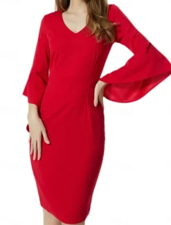 Sale Women's Work Dress Shift Dress Elegant Office Daily Midi Dress Ruffle Patchwork V Neck 3/4 Length Sleeve Plain Slim Black Red Blue Spring Fall S M L XL 2XL Women Cocktail Dress