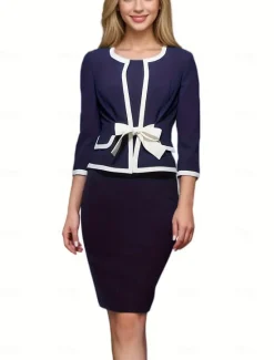 Online Women's Work Dress Shift Dress Elegant Office Daily Midi Dress Patchwork Crew Neck 3/4 Length Sleeve Plain Regular Fit Spring Fall S M L XL Women Work Dresses