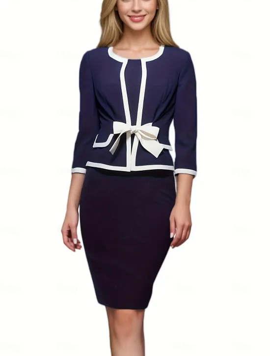Online Women's Work Dress Shift Dress Elegant Office Daily Midi Dress Patchwork Crew Neck 3/4 Length Sleeve Plain Regular Fit Spring Fall S M L XL Women Work Dresses