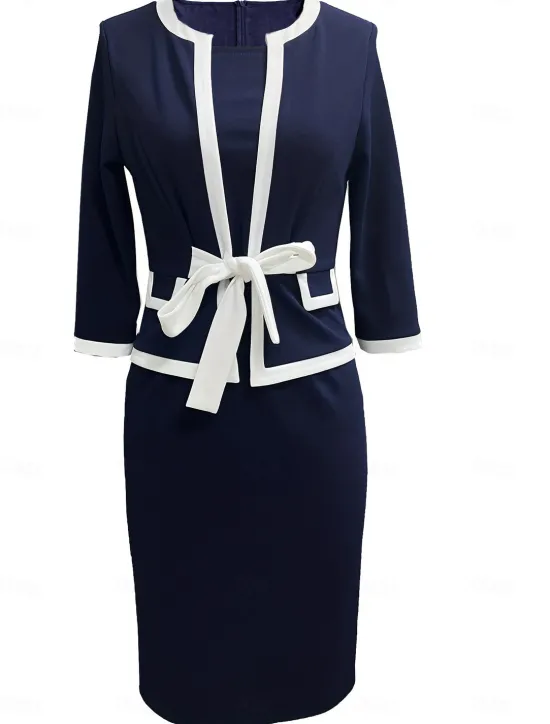 Online Women's Work Dress Shift Dress Elegant Office Daily Midi Dress Patchwork Crew Neck 3/4 Length Sleeve Plain Regular Fit Spring Fall S M L XL Women Work Dresses